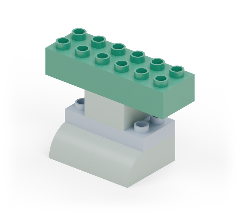 Step 4: Centre a green 2 × 6 brick across the body. It projects two columns on each side to make the broad bottom of the head.