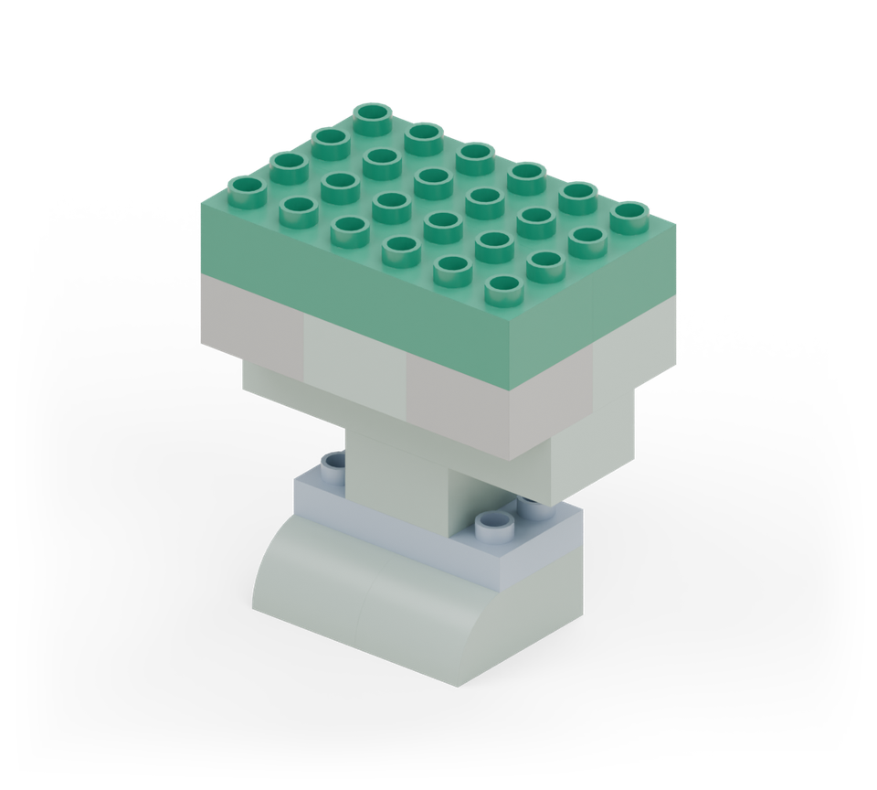Step 7: Cover the head with two green 2 × 6 bricks, one behind the other, lined up with the eyes and back of the head.