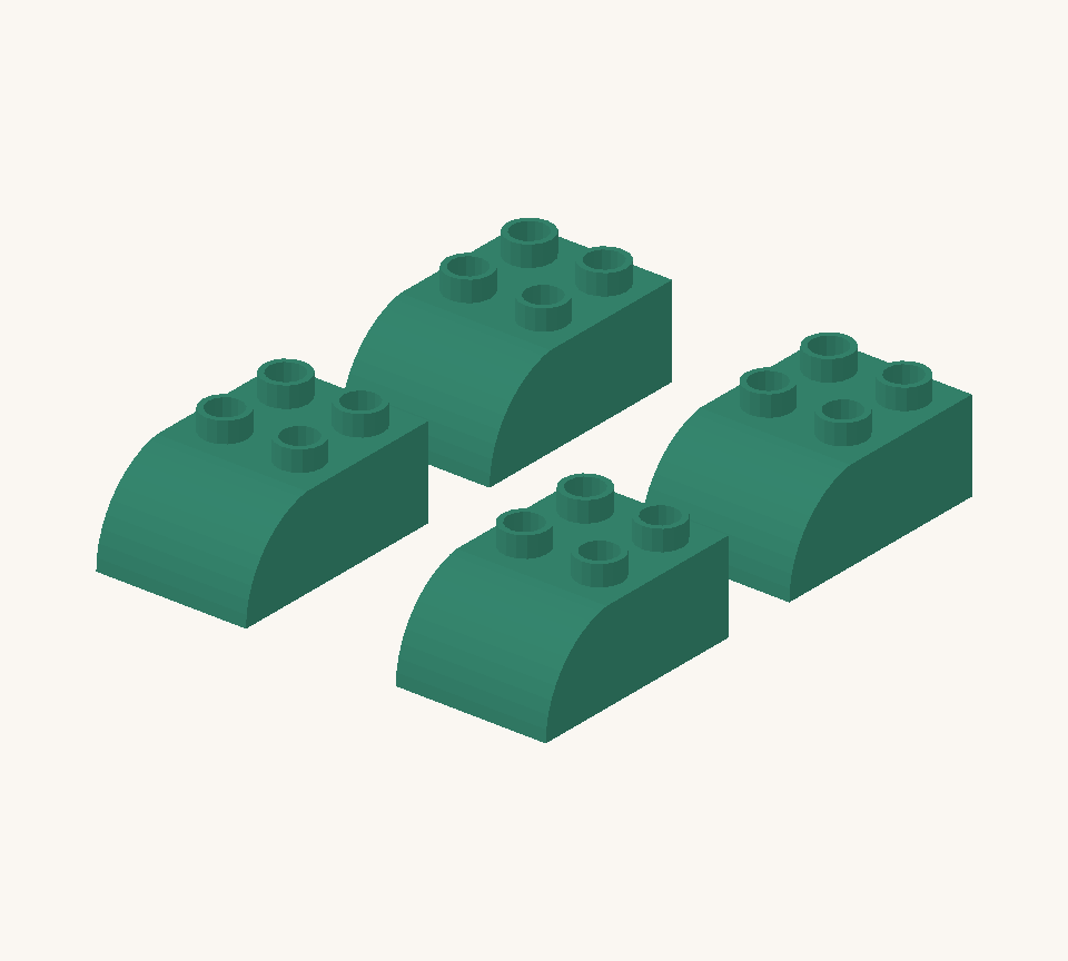 Set out four green curved feet in two pairs. Leave two stud columns between left and right feet, and one clear row between the back and front pairs. Point all rounded toes forward. New additions are shown in their original colours; earlier pieces are lighter.