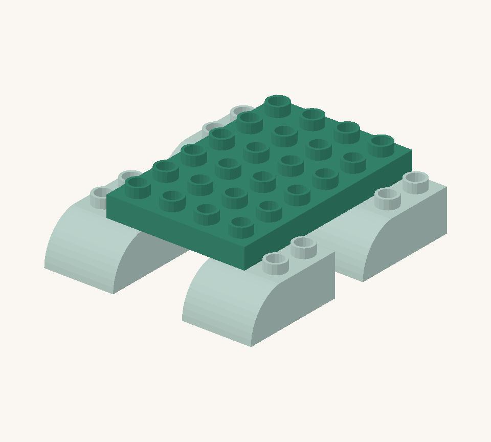 Join the feet with the green wide plate. Centre its four-stud width between the feet; its six-stud length covers the flat rows of all four feet. New additions are shown in their original colours; earlier pieces are lighter.