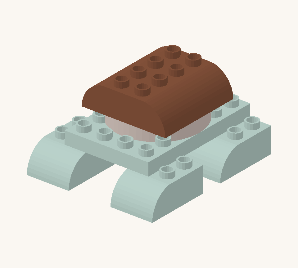 Cover the shell with two brown double-curved bricks turned across the turtle, one behind the other. New additions are shown in their original colours; earlier pieces are lighter.