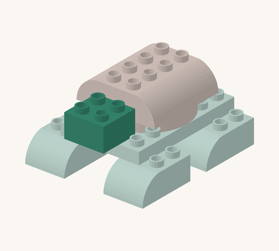Add the green square at the front for the neck. Its back row rests on the exposed green body row; its front row projects forward. New additions are shown in their original colours; earlier pieces are lighter.