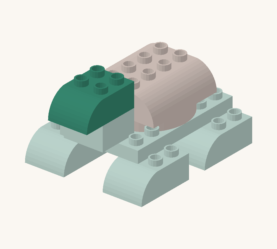 Add a green curve to the neck, with the rounded end projecting forward as the sleepy head. New additions are shown in their original colours; earlier pieces are lighter.