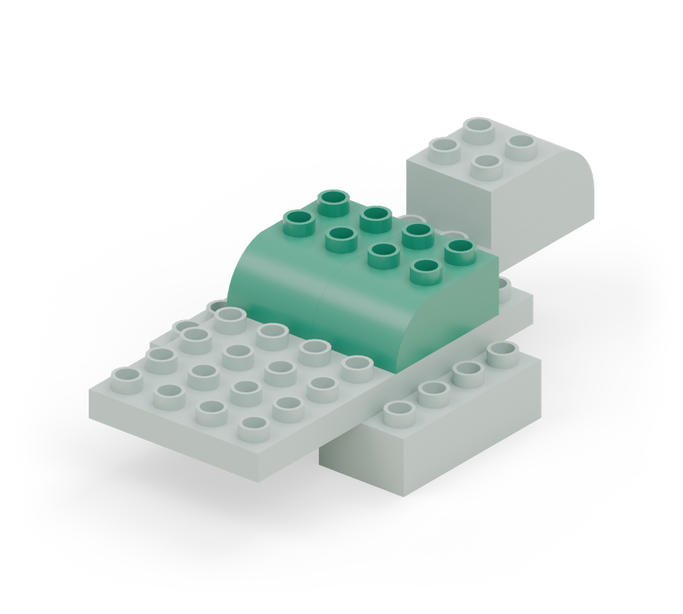 Step 4: Put two green curved bricks side by side on the body plate, one row from the back. Their rounded ends face forwards.