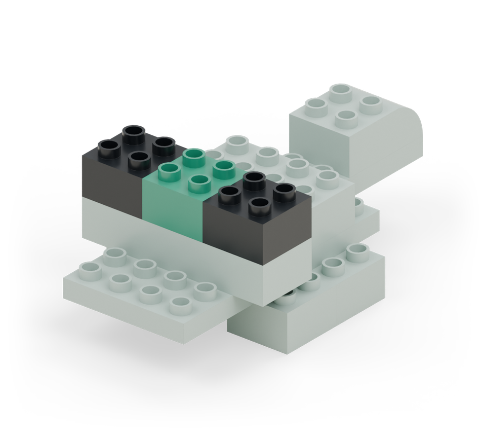 Step 6: Put a black square at each end of the wide green brick and a green square between them.