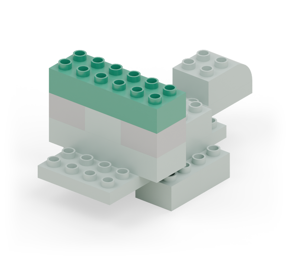 Step 7: Join the three squares with another green 2 × 6 brick, lined up with the one below.
