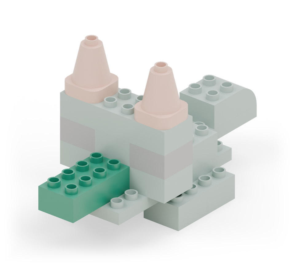 Step 9: Attach a green 2 × 4 brick in front of the frill, centred on the body. Its back two rows sit on the body plate.