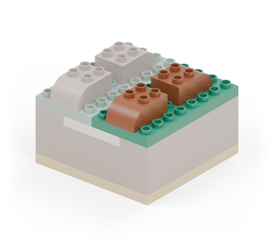 Step 10: Cover the right half with another green 4 × 8 plate. Add two brown curved rocks on its outside half, matching the first cover.
