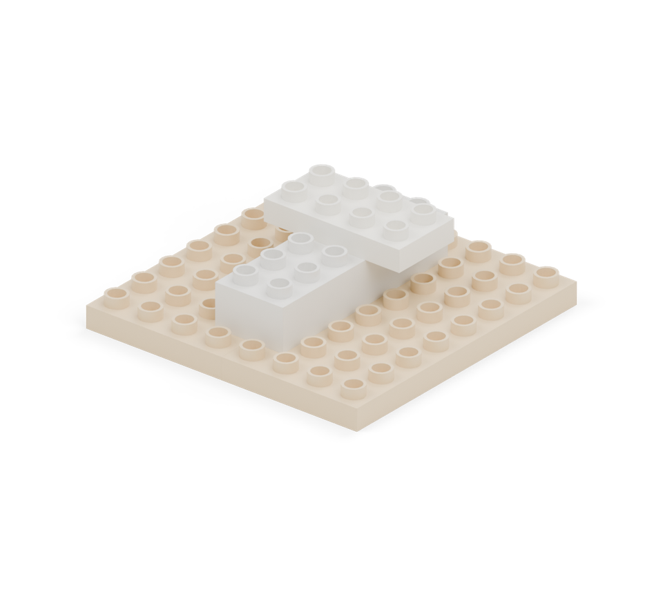 Step 3: Put a white 2 × 4 plate across the backbone, one row in from its back end. It projects one column on each side to make a pair of ribs. Leave the next row of the backbone clear before the skull.