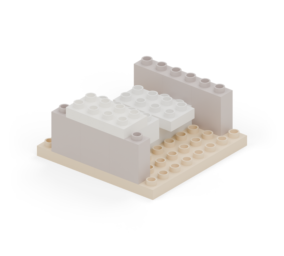 Step 6: Join the front rows of the white skull squares with a white 2 × 4 plate across them. Its front row projects over the front wall.