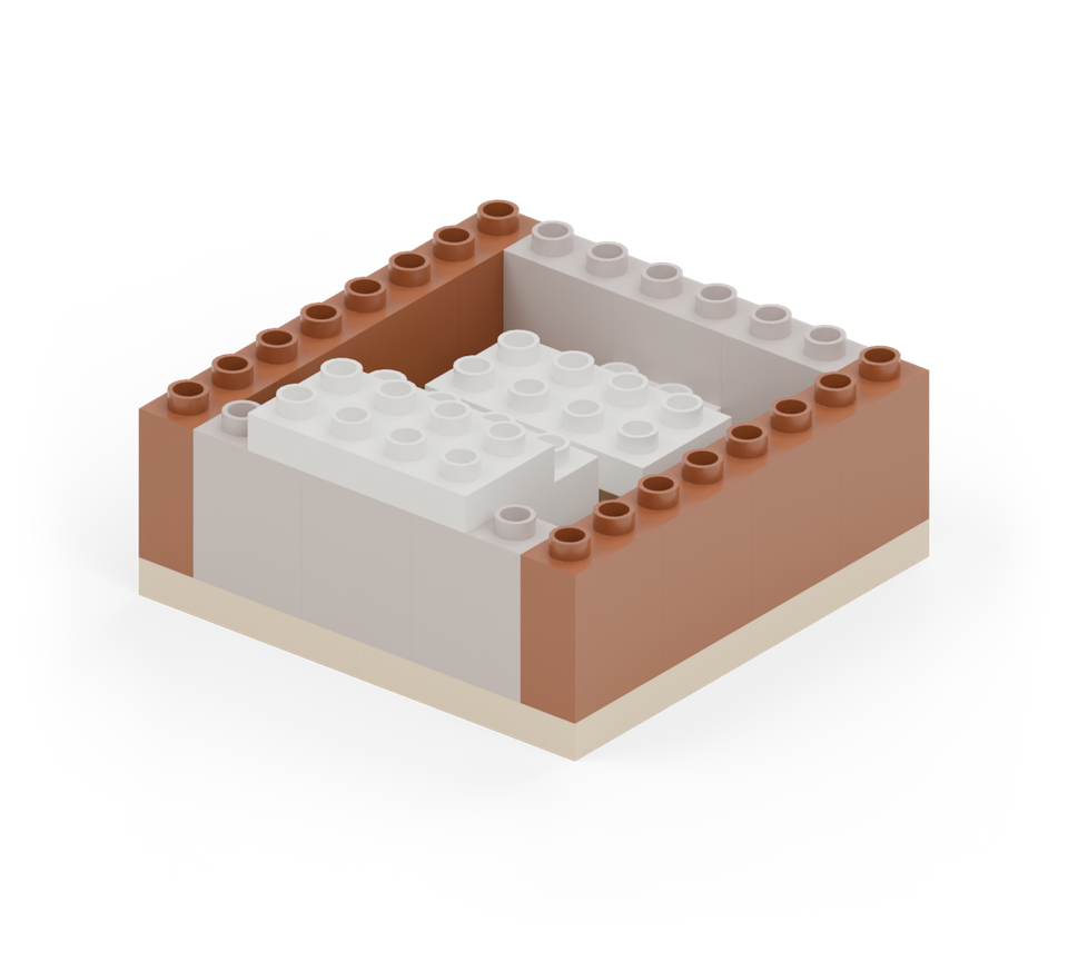 Step 7: Stand four brown narrow wall bricks down each outside edge of the tray, end to end.