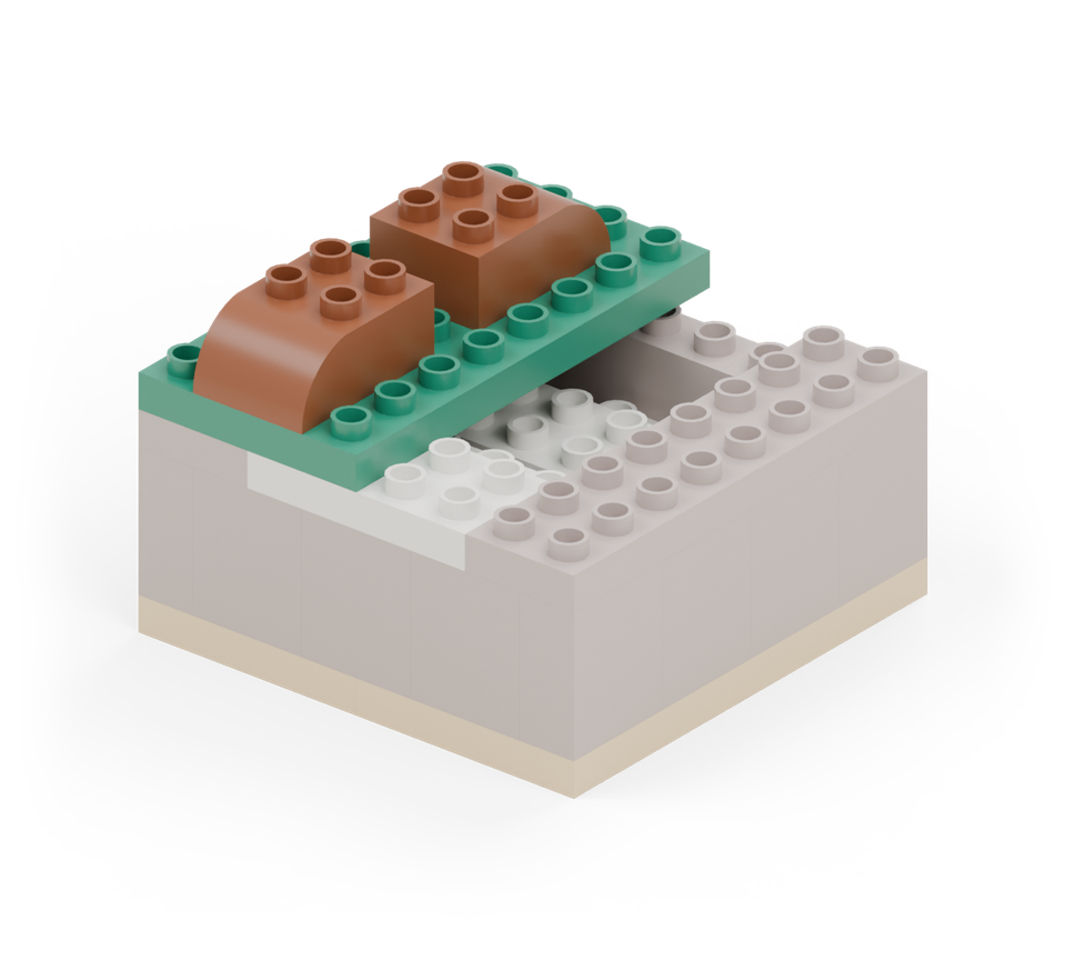 Step 9: Lay a green 4 × 8 plate over the left half of the tray. Add two brown curved rocks on its outside half, with their rounded ends facing opposite ends of the tray.