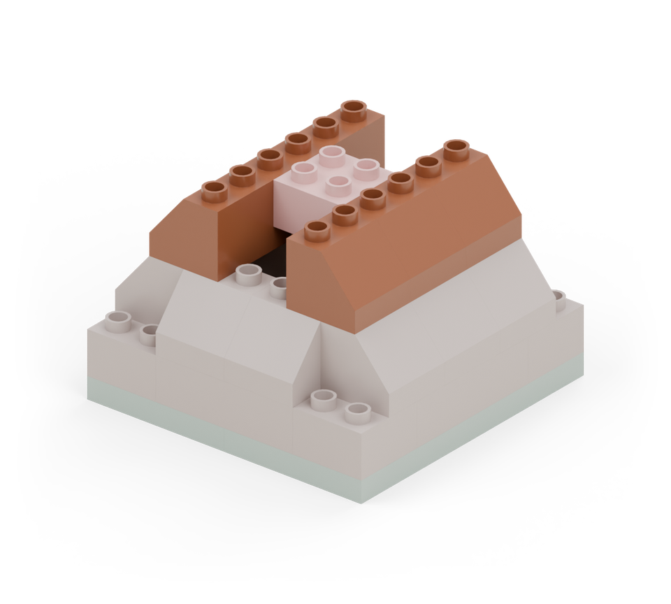 Step 7: Build a smaller ring above the first. Put three brown slopes down each side, one column further in, with high edges towards the crater.