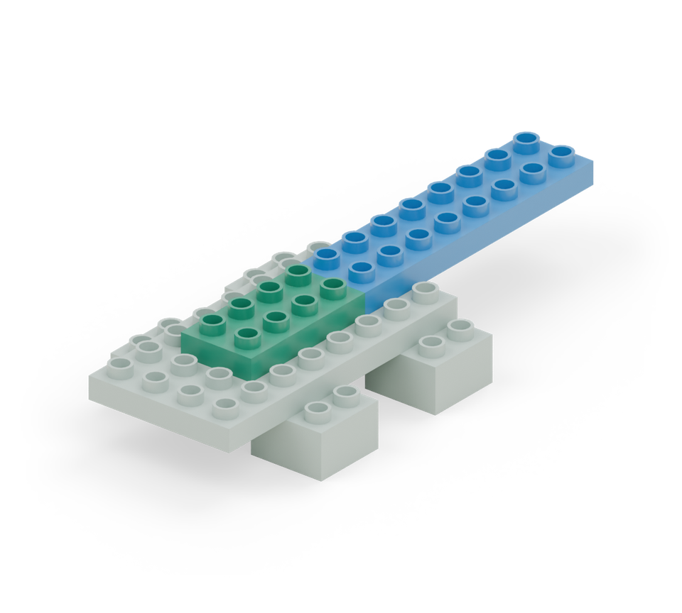 Step 3: Put a blue 2 × 8 plate down the middle, projecting six rows beyond the back of the floor. Add a green 2 × 4 plate directly in front of it.