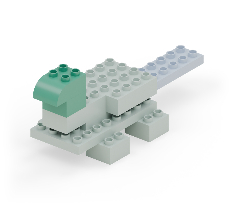 Step 6: Put a green square on the front two rows of the neck. Add a green curved brick on top, rounded end pointing forwards.