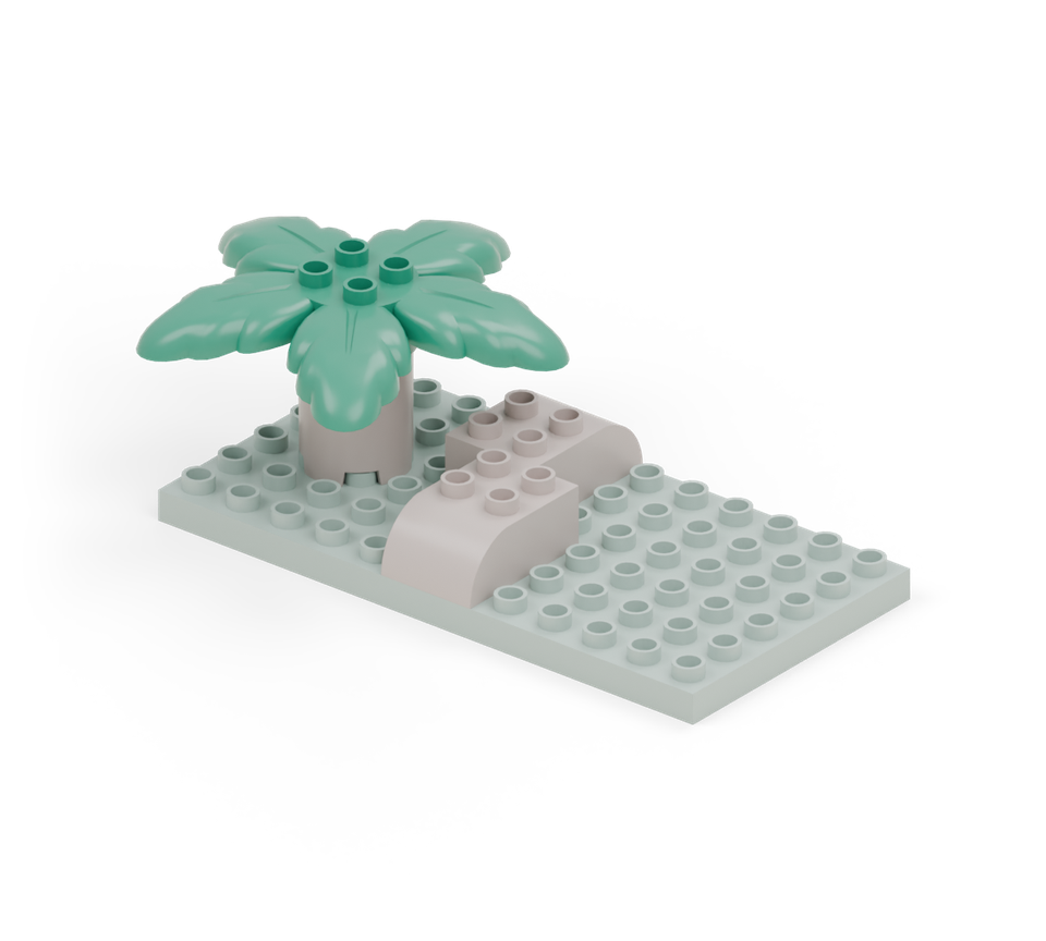 Step 4: Put a green leaf piece on the round tower. Line up its four middle studs with the trunk.