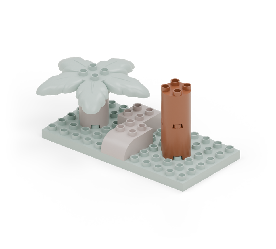 Step 5: Put another brown round tower near the right end, leaving two clear columns at the right. Stack a second brown tower on it.