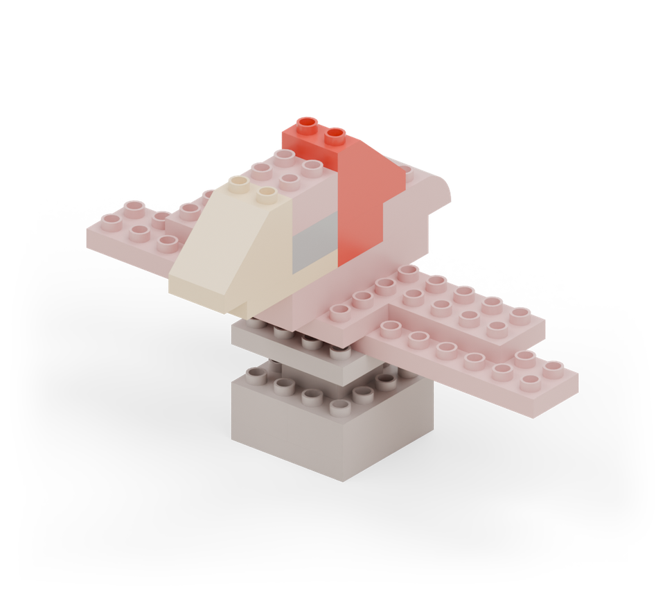 Step 11: Put a red square just behind the head. Add a red steep slope on top, projecting one row backwards with its high edge towards the head.