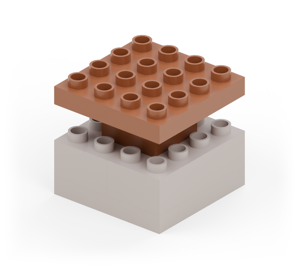 Step 2: Put a brown square in the middle of the rock. Add a brown 4 × 4 plate on top, lined up with the brown floor.