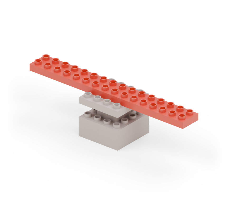 Step 3: Put two red 2 × 8 plates across the rock, end to end. Each overlaps the rock by two columns and projects six columns out to its side.