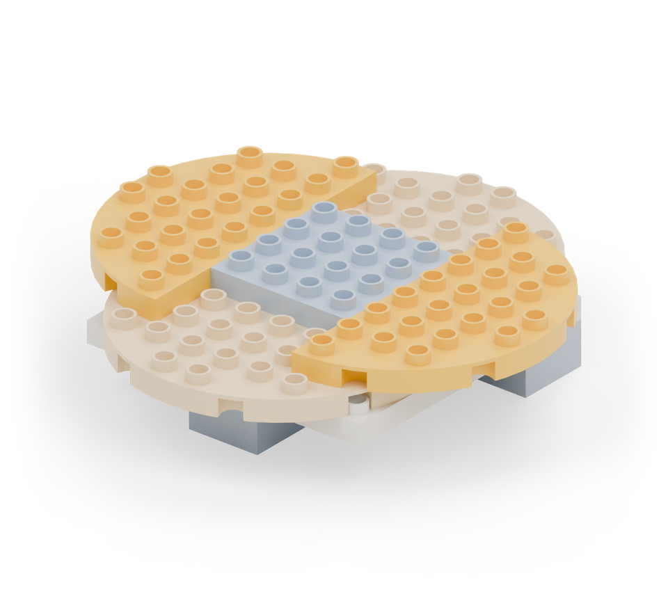 Step 6: Add yellow semicircles at the left and right. Their straight edges face the middle; overlap each side of the floor by two columns.