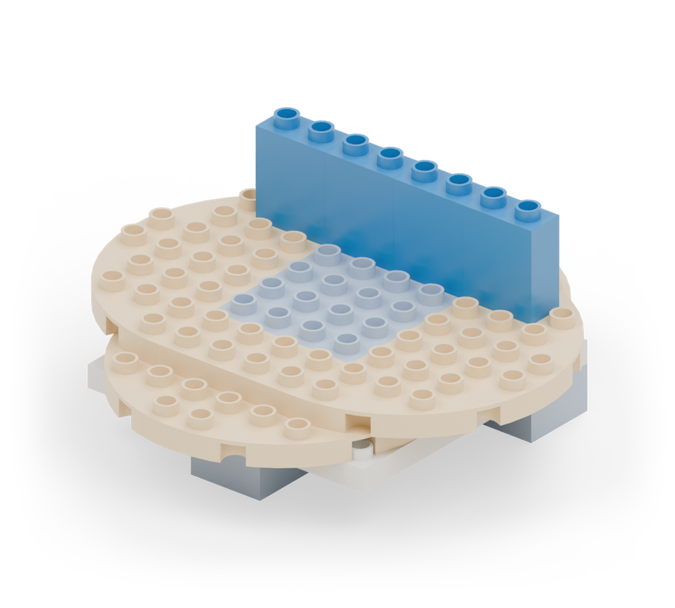 Step 8: Build the back wall across the yellow rim with four blue narrow double-height wall bricks. Leave one row behind the wall.
