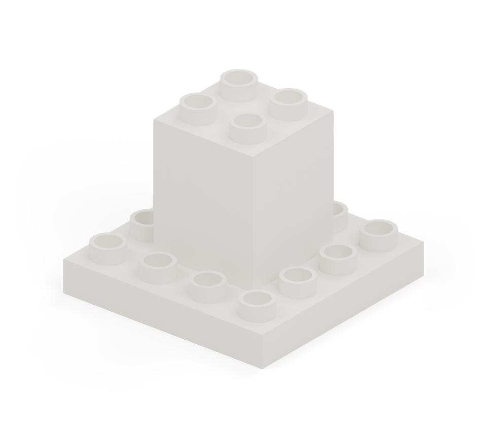Step 1: Lay a white 4 × 4 plate flat. Centre a white double-height square brick on it.
