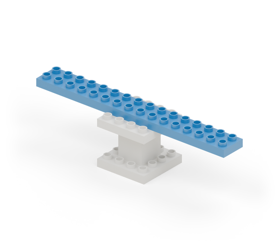 Step 3: Place two blue 2 × 8 plates across the body, end to end. Each overlaps the body by two columns and projects six columns out to its side.