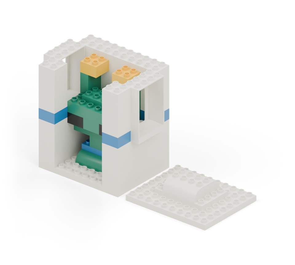 Lift the roof to place the Moon alien inside or take it out. The roof can close above its antennae. The alien is a separate build with its own guide and parts list.