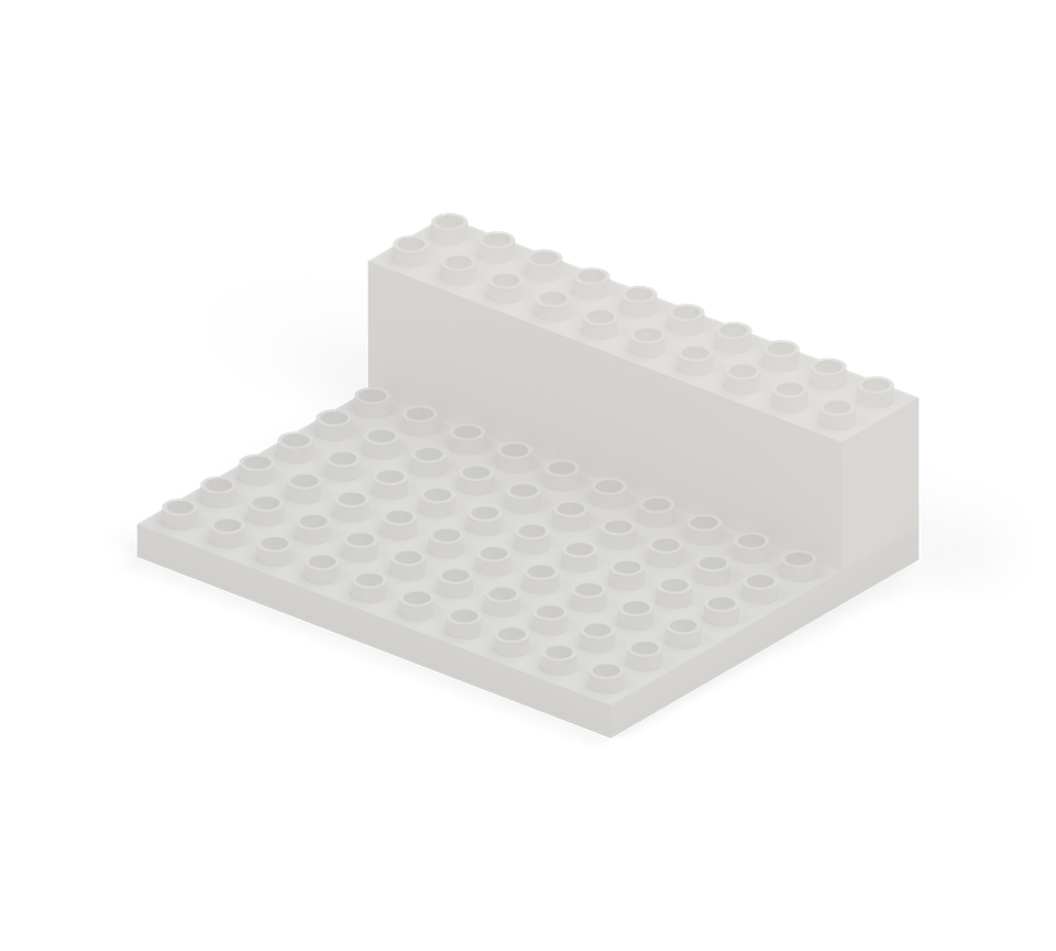 Step 2: Build across the back two rows with white double-height bricks: a 2 × 4, a square, then another 2 × 4. Line up with the floor edges.