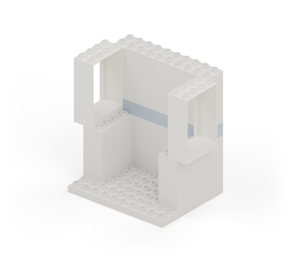 Step 8: Put a white tall window frame on each side support. Each projects one column outside the floor; its four-row length lines up with the support below.