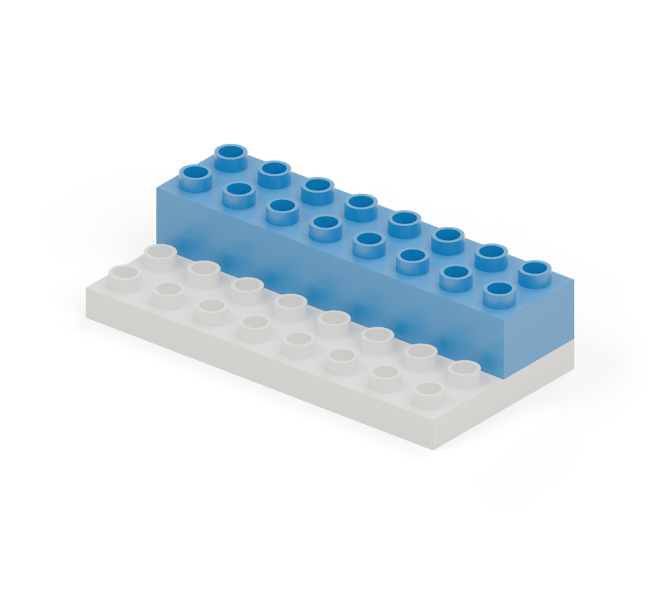 Step 2: Build a blue back wall with two 2 × 4 bricks, end to end along the far two rows.