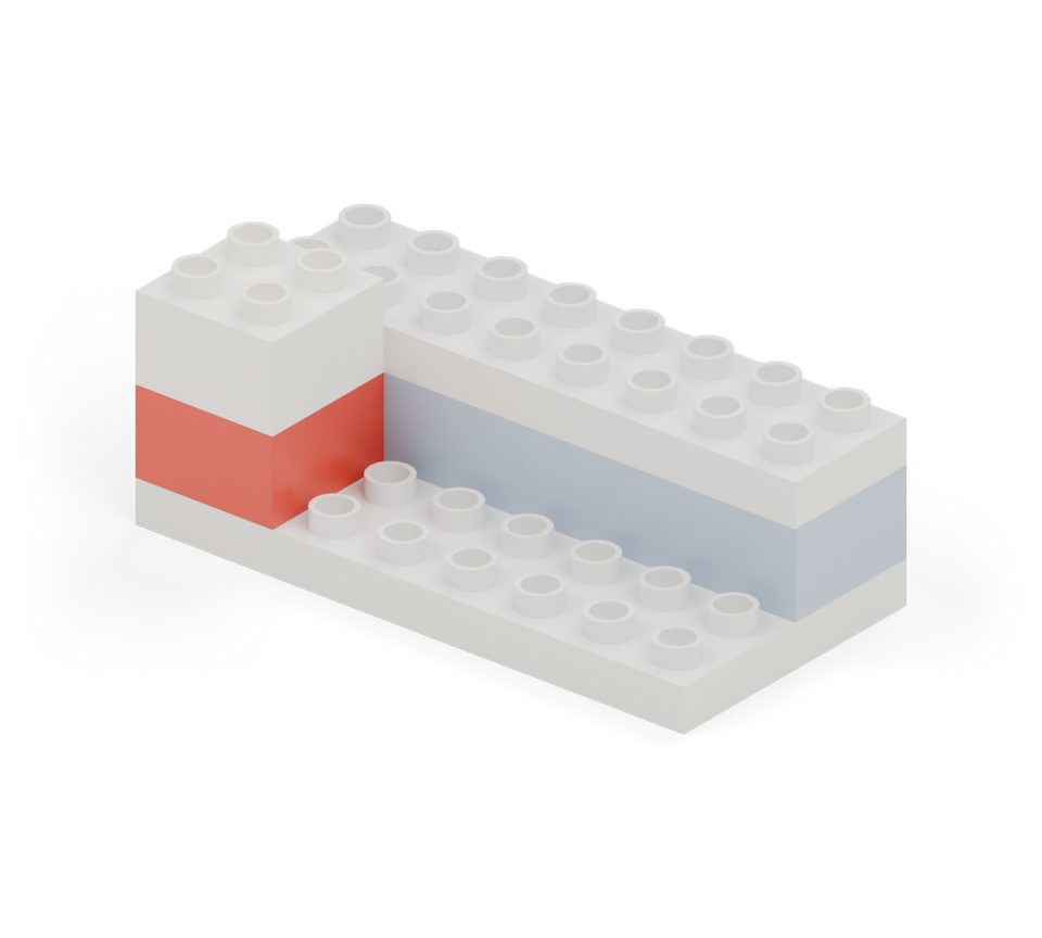 Step 4: Put a red square on the front two rows, at the left edge. Add a white square directly on top.