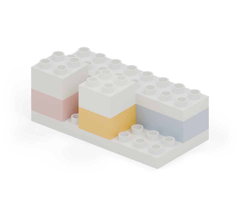 Step 5: Put a yellow square on the front two rows, with one clear column between it and the red box. Add a white square directly on top.