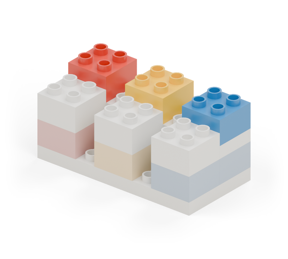Step 7: Put red, yellow and blue square bricks along the worktop, directly behind their matching boxes.