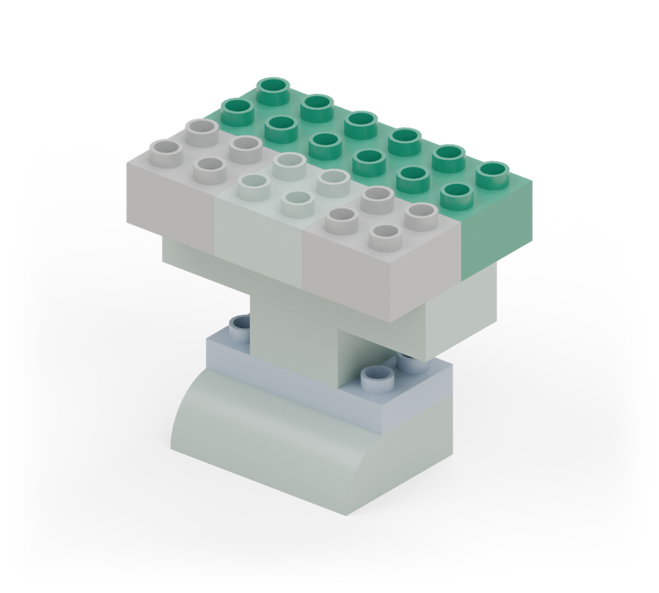 Step 6: Put a green 2 × 6 brick across the back half of the jaw, level with the eyes. It projects one row backwards.