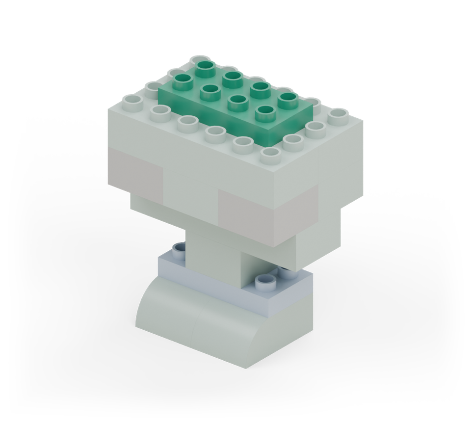 Step 8: Join the two top bricks with a green 2 × 4 plate across their middle. Leave one column clear at each end and one row at the back and front.
