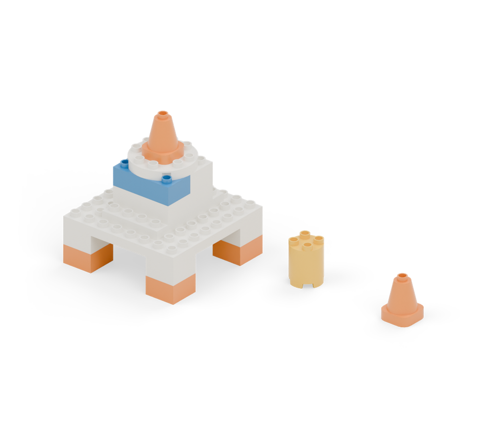 The yellow survey canister and orange marker lift off the deck. The four landing legs stay fixed.