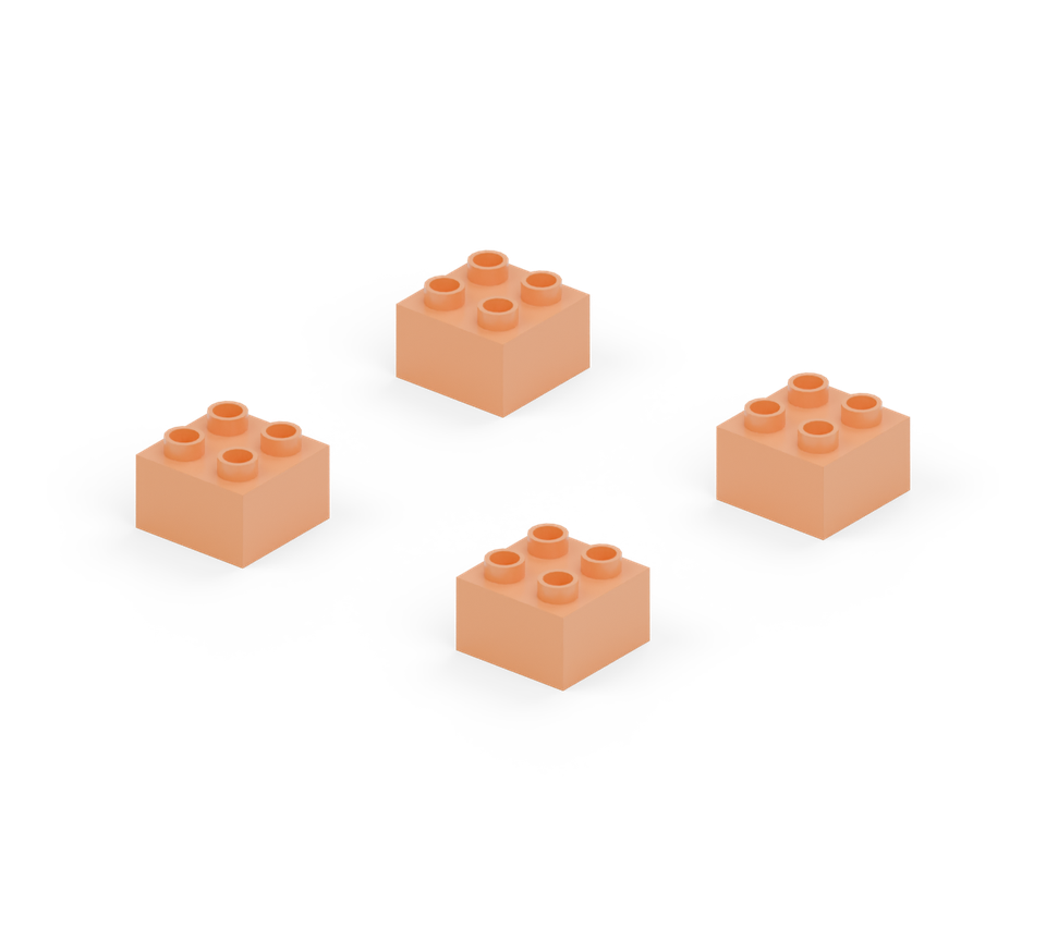Step 1: Set out four orange square bricks at the corners of a square. Leave four empty stud columns between left and right feet and four empty rows between front and back feet.