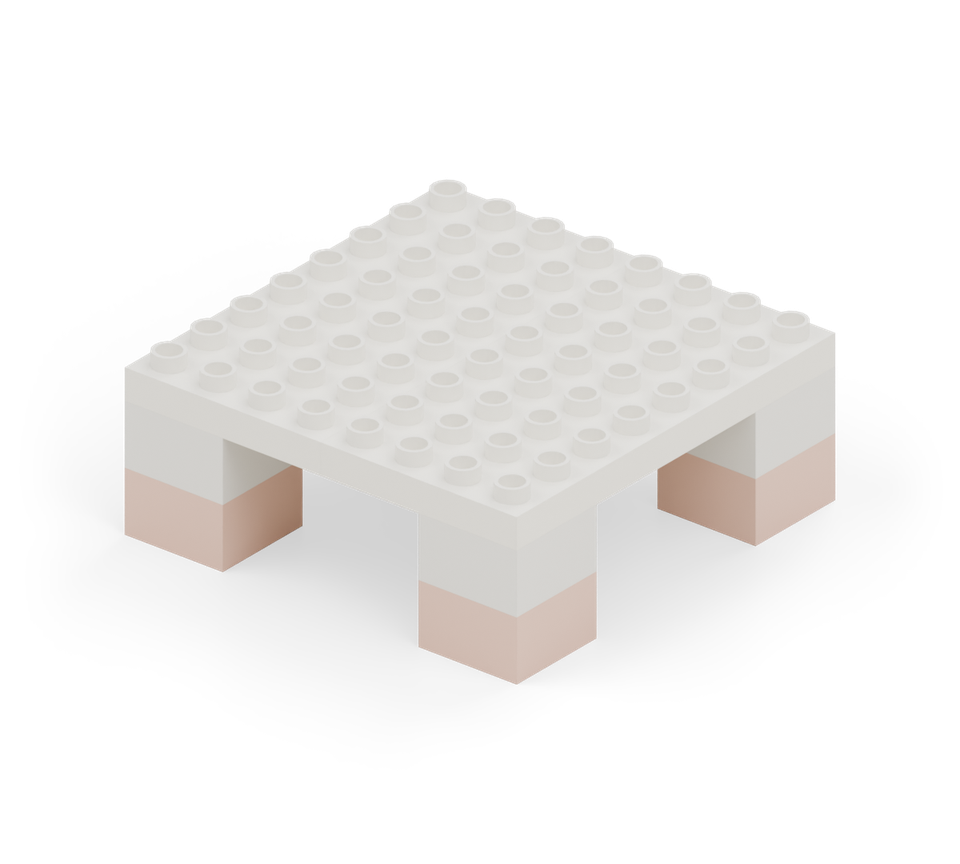 Step 3: Bridge the left pair of legs with a white 4 × 8 plate. Put another beside it across the right pair. Their edges meet in the middle.