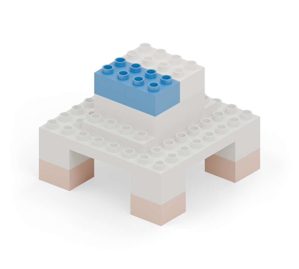 Step 6: Add two white squares at the back of the cabin and two blue squares at the front for the windows.