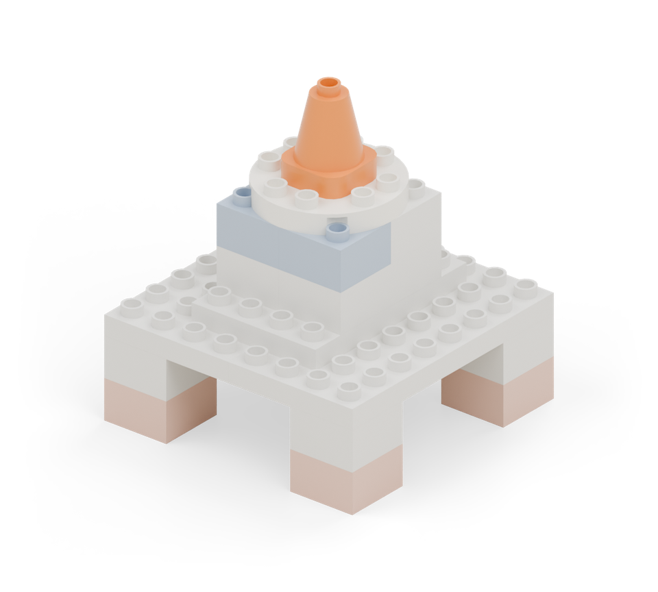 Step 7: Centre the white round plate on the cabin. Add the orange cone in its centre as the landing beacon.
